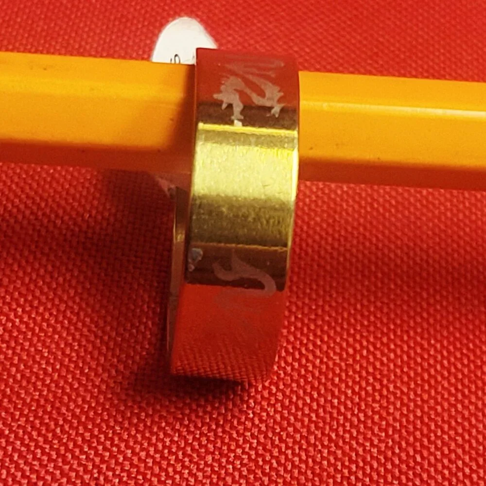 Stainless Steel Wide Band White Dragon Engraved Ring Size 21 Gold Tone Unisex